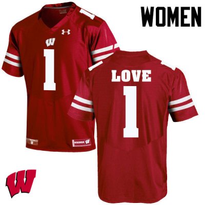 Women's Wisconsin Badgers NCAA #1 Reggie Love Red Authentic Under Armour Stitched College Football Jersey KN31N31SJ
